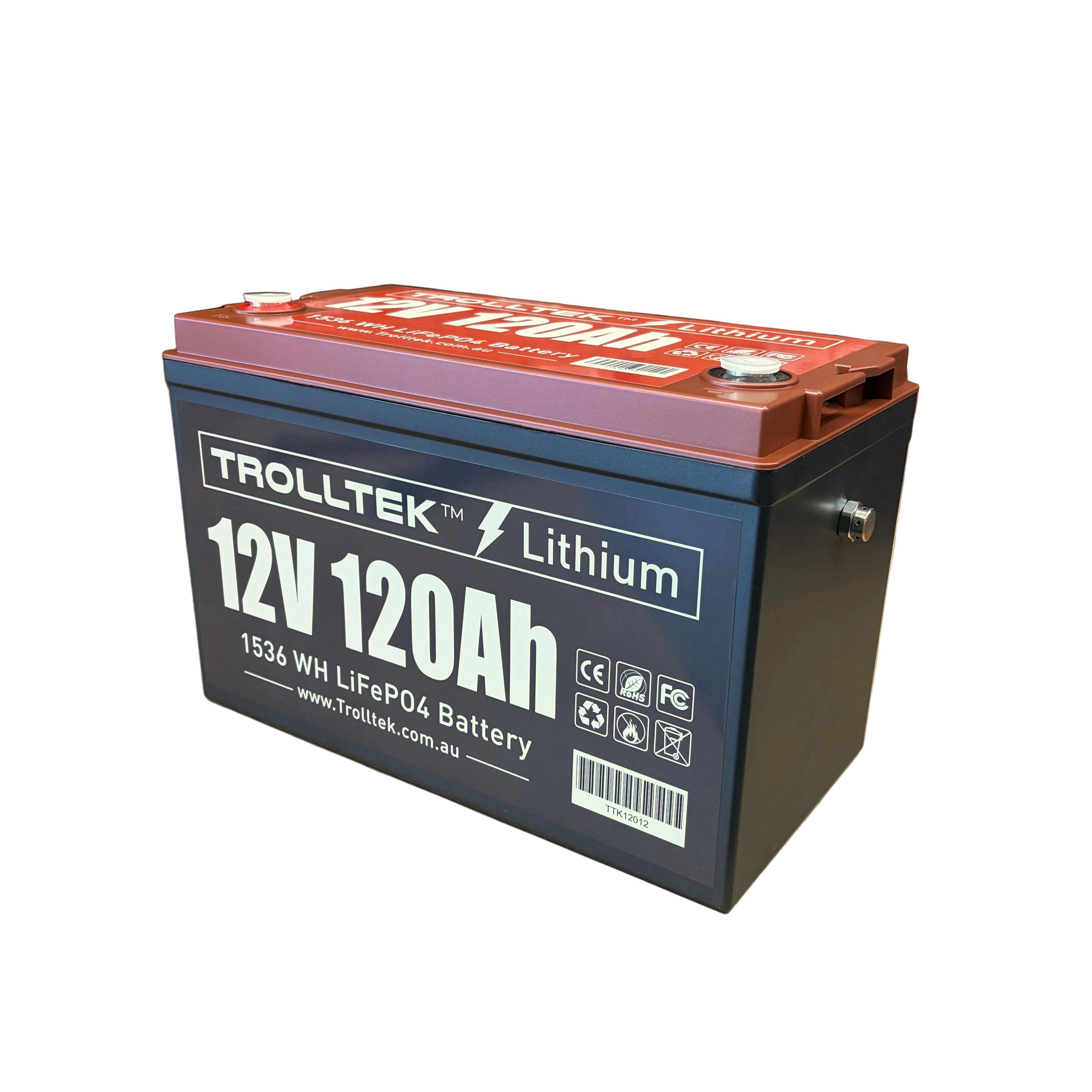 A Trolltek™ 12V LiFePO4 Lithium Battery 4WD Bundle—featuring a distinctive red top and black body with clear labels, safety icons, and terminal connectors, photographed on a white background—is the perfect solution for powering your DC/DC charger setup or serving as a robust 4WD battery bundle from Trolltek.