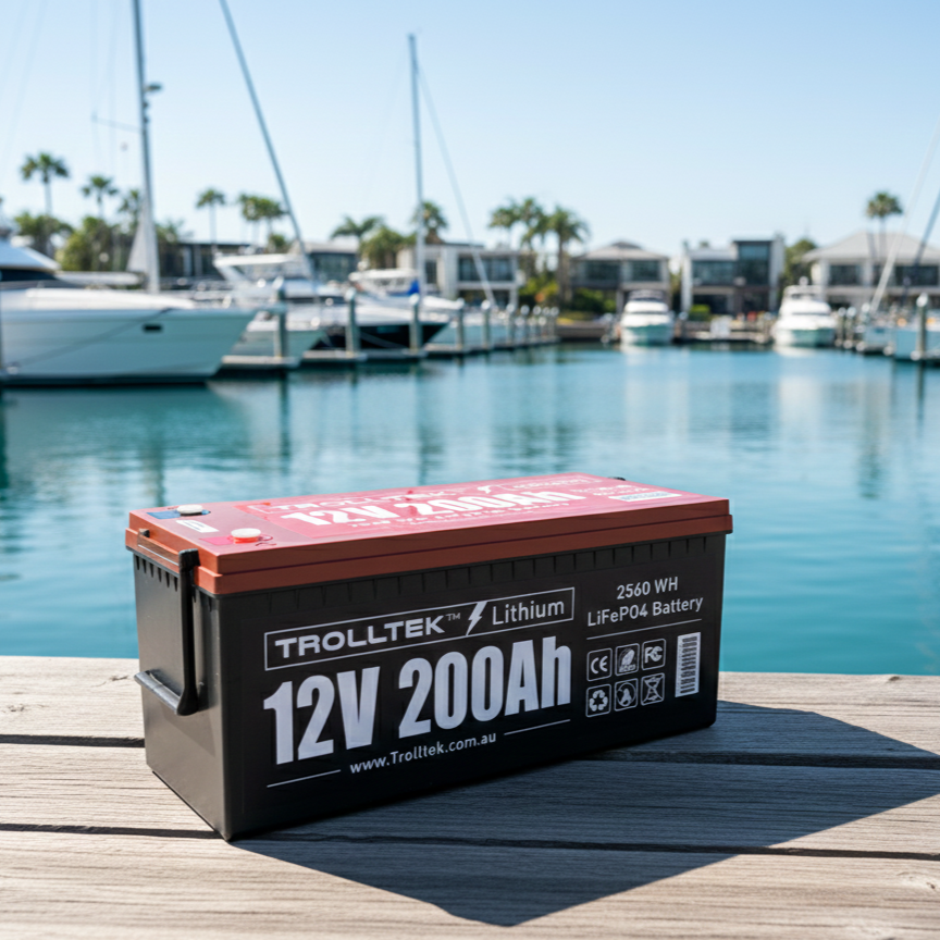 A 12V Trolltek™ LiFePO4 Lithium Battery with Bluetooth by Trolltek rests on a wooden dock, with boats and waterfront buildings in the background under sunny skies.