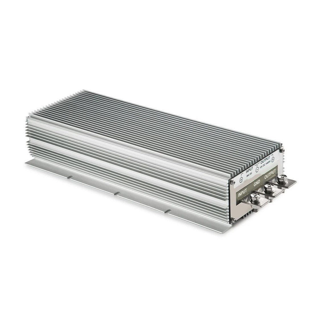 The Trolltek™ Voltage DC-DC Buck Boost Converter by Trolltek features ribbed fins for heat dissipation and labeled input/output terminals, ideal for industrial or marine applications.