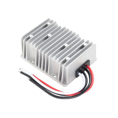 The Trolltek™ Voltage DC-DC Buck Boost Converter by Trolltek is a silver metal regulator with multiple cooling fins and three exposed wires—red, black, and white—emerging from one end, shown on a white background.