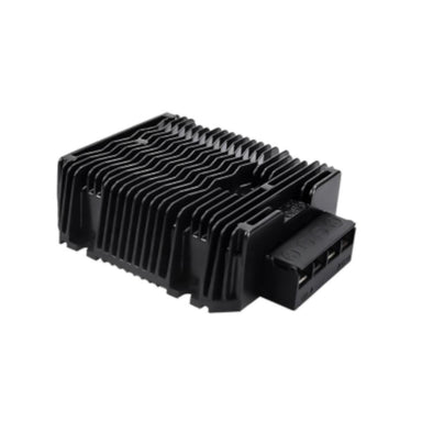 The Trolltek™ Voltage DC-DC Buck Boost Converter by Trolltek is a black electronic device with multiple cooling fins and a connector port, shown on a white background.