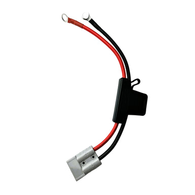 The Sherpa 4x4 Battery Connector Cables (50A & 120A) feature a gray Anderson connector and dual ring terminals, perfect for 4WD dual battery systems. Heavy-duty black and red design, shown isolated on a white background.