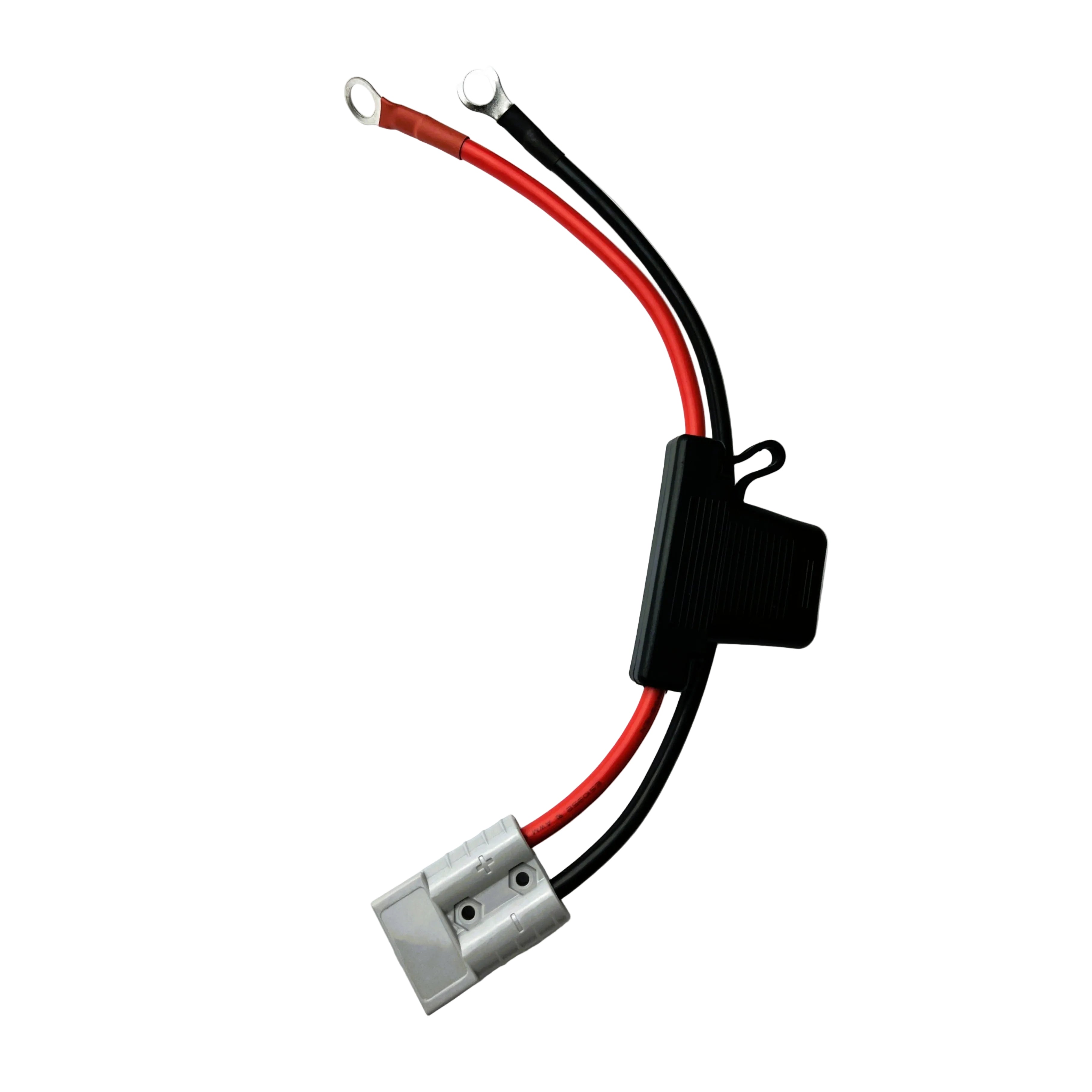 A black and red power cable adapter with ring terminals on one end and a gray connector on the other, designed for connecting the Trolltek™ 12V LiFePO4 Lithium Slimline Battery 4WD Bundle – Charge While Driving (DC) to a DC/DC charger with MPPT solar regulator, isolated on a white background.