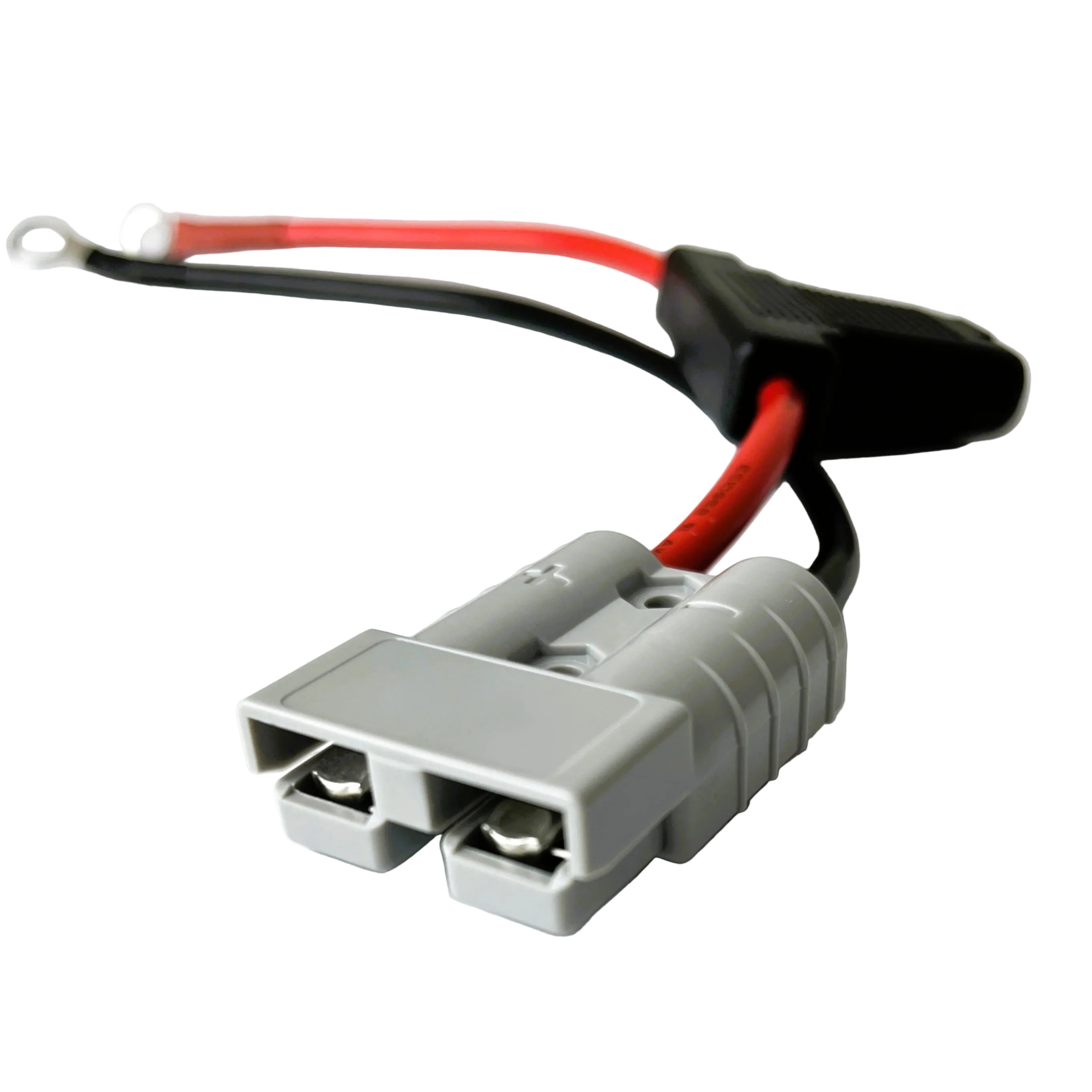 Close-up of a gray electrical connector with two slots, attached to red and black wires leading to a black plastic housing and a metal ring terminal—components commonly found in the Trolltek™ 12V LiFePO4 Lithium Slimline Battery 4WD Bundle – Charge While Driving (DC) by Trolltek. The background is white.