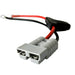 Close-up of a gray electrical connector with two slots, attached to red and black wires leading to a black plastic housing and a metal ring terminal—components commonly found in the Trolltek™ 12V LiFePO4 Lithium Slimline Battery 4WD Bundle – Charge While Driving (DC) by Trolltek. The background is white.