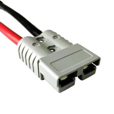 Close-up of Sherpa 4x4 Battery Connector Cables (50A & 120A) with one red and one black heavy-duty cable attached, perfect for 4WD dual battery systems. Gray connector, isolated on a white background. Brand: Sherpa 4x4.