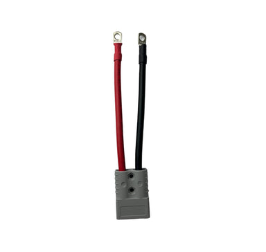 A Sherpa 4x4 Battery Connector Cable (50A & 120A) in gray, with heavy-duty red and black power cables ending in metal ring terminals, ideal for 4WD dual battery systems, shown against a white background.