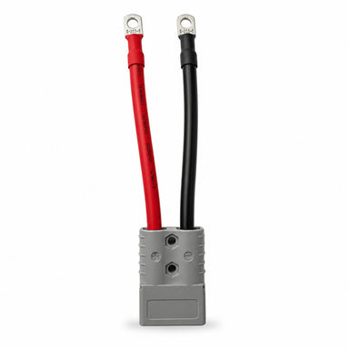 A Sherpa 4x4 Battery Connector Cable (50A & 120A) in gray, with heavy-duty red and black power cables ending in metal ring terminals, ideal for 4WD dual battery systems, shown against a white background.