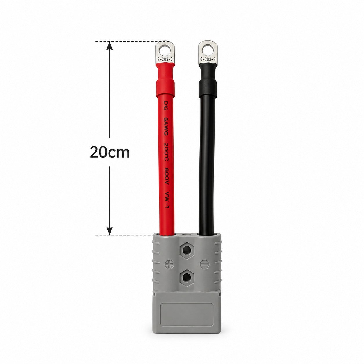 The Trolltek™ Battery Connector Cable - 120A by Trolltek features a red and a black cable, each measuring 20 cm in length, connected to a gray rectangular Anderson battery connector. The red cable is labeled with a “+” and the black with a “-”, both ending in metal ring terminals. This design makes them ideal for dual battery systems and other 4WD camping accessories.