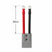 The Trolltek™ Battery Connector Cable - 120A by Trolltek features a red and a black cable, each measuring 20 cm in length, connected to a gray rectangular Anderson battery connector. The red cable is labeled with a “+” and the black with a “-”, both ending in metal ring terminals. This design makes them ideal for dual battery systems and other 4WD camping accessories.
