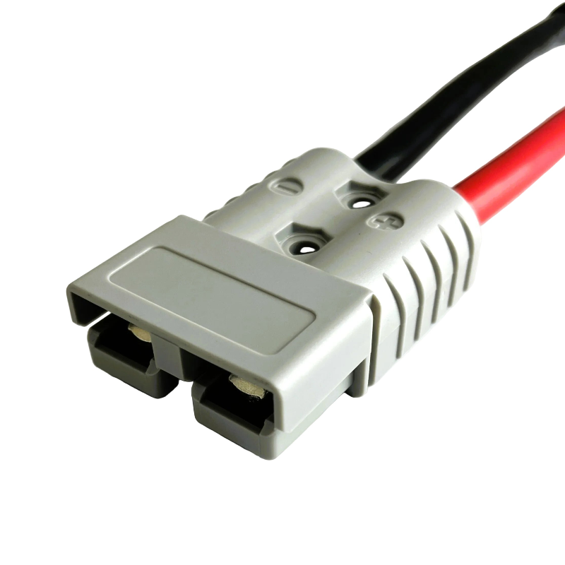 A close-up of a Trolltek™ Extension Cable featuring a gray, 50A Anderson Powerpole connector with attached red and black 8AWG wires on a white background, ideal for dual battery systems or as part of heavy-duty Anderson battery connector cables.