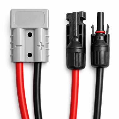A pair of power cables featuring a gray Anderson Power Products connector on the left and two black-and-red solar MC4 connectors on the right, all set against a white background—ideal as the Trolltek™ MC4 to Anderson Plug Solar Panel Connector Cable - 50A from Trolltek for your portable solar setup.