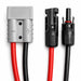 A pair of power cables featuring a gray Anderson Power Products connector on the left and two black-and-red solar MC4 connectors on the right, all set against a white background—ideal as the Trolltek™ MC4 to Anderson Plug Solar Panel Connector Cable - 50A from Trolltek for your portable solar setup.