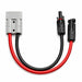 A gray electrical connector with + and - symbols is attached to short black and red wires that lead to two black connectors, one round and one rectangular, all set against a white background. The Trolltek™ MC4 to Anderson Plug Solar Panel Connector Cable - 50A by Trolltek is an ideal portable solution, featuring an MC4 to Anderson plug design for versatile solar applications.