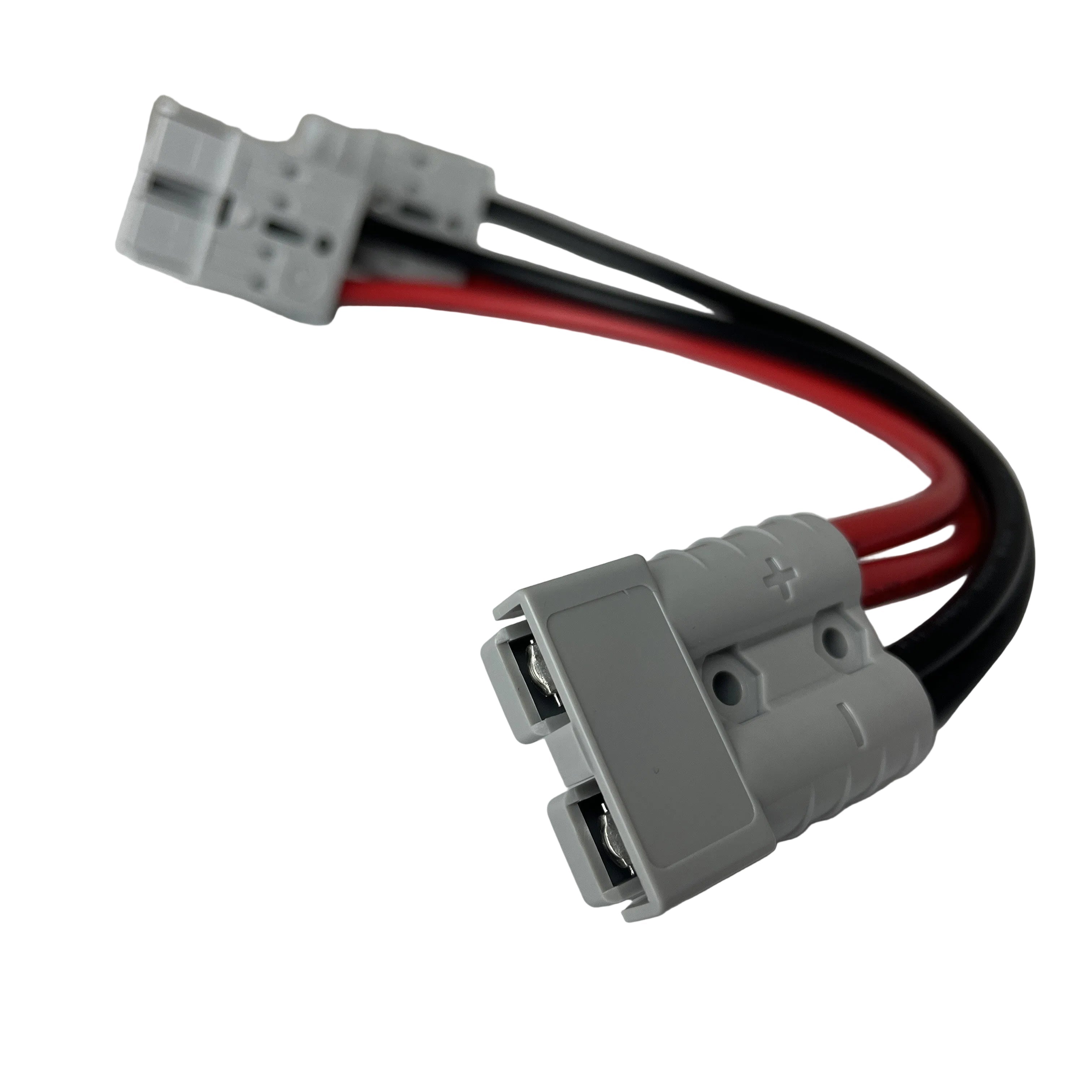 Trolltek™ gray two-pin electrical connector with red and black wires, terminating in a small white two-pin connector—designed for compatibility with the Trolltek 12V LiFePO4 Lithium Slimline Battery 4WD Bundle – Charge While Driving (DC)—isolated on a white background.