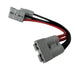 Trolltek™ gray two-pin electrical connector with red and black wires, terminating in a small white two-pin connector—designed for compatibility with the Trolltek 12V LiFePO4 Lithium Slimline Battery 4WD Bundle – Charge While Driving (DC)—isolated on a white background.