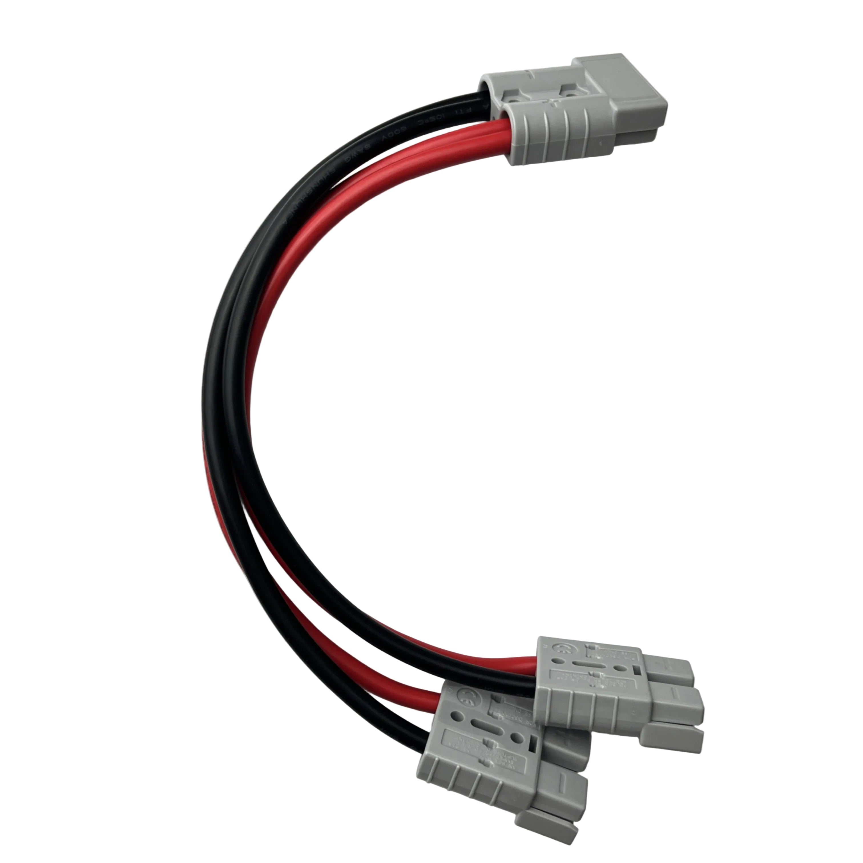 Two black and red electrical cables branch out from a single gray connector into two identical gray connectors, forming a Y-shape—making this the perfect accessory for effortlessly connecting your Trolltek™ 12V LiFePO4 Lithium Slimline Battery 4WD Bundle or for integrating your Trolltek battery system with a DC/DC charger and MPPT solar regulator.