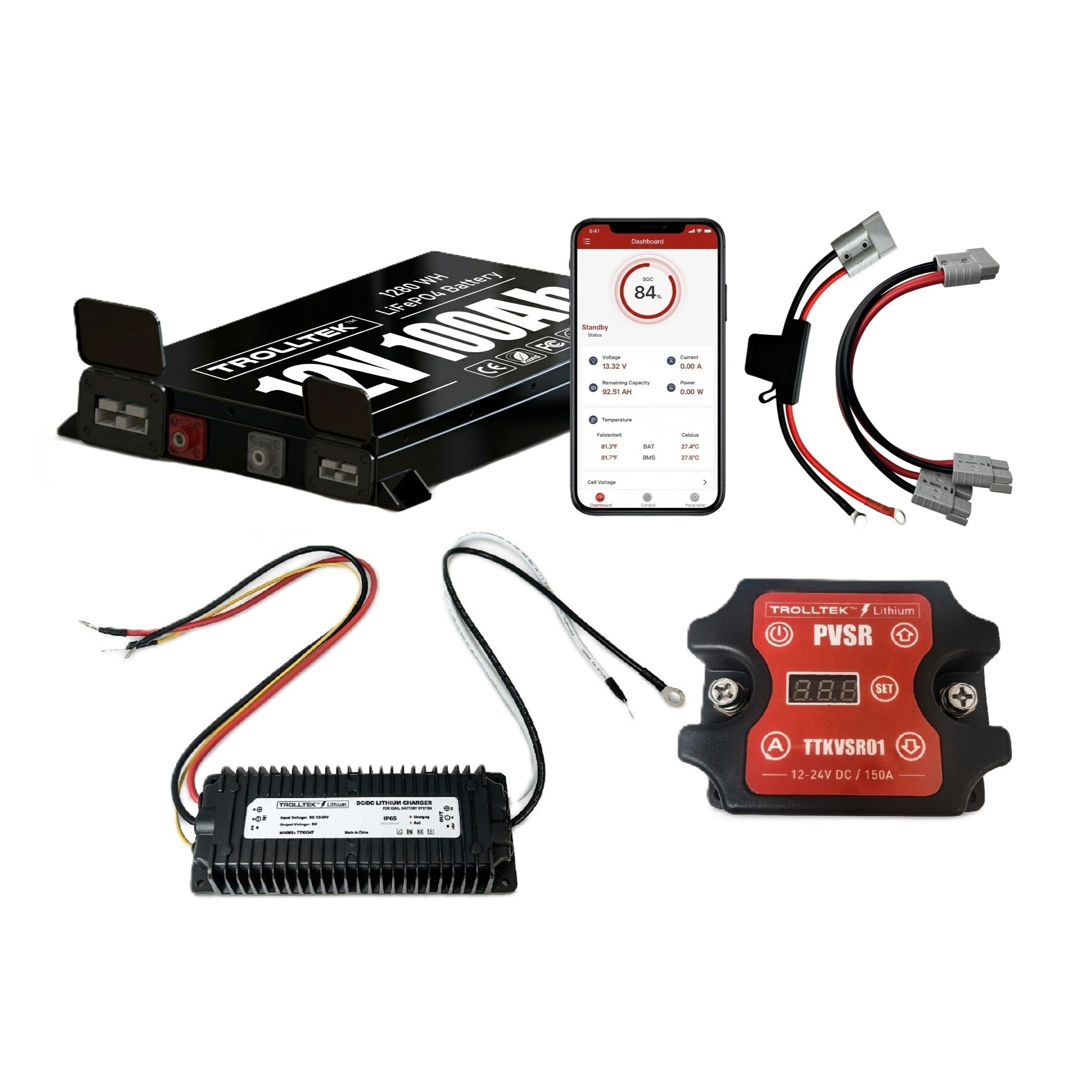 The Trolltek™ 12V LiFePO4 Lithium Slimline Battery DC Bundle – Charge While Driving (DC) by Trolltek includes a 12V LiFePO4 lithium battery, wiring, red control modules, a DC/DC lithium battery charger, and features smartphone app compatibility for real-time battery monitoring.