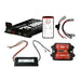 The Trolltek™ 12V LiFePO4 Lithium Slimline Battery DC Bundle – Charge While Driving (DC) by Trolltek includes a 12V LiFePO4 lithium battery, wiring, red control modules, a DC/DC lithium battery charger, and features smartphone app compatibility for real-time battery monitoring.