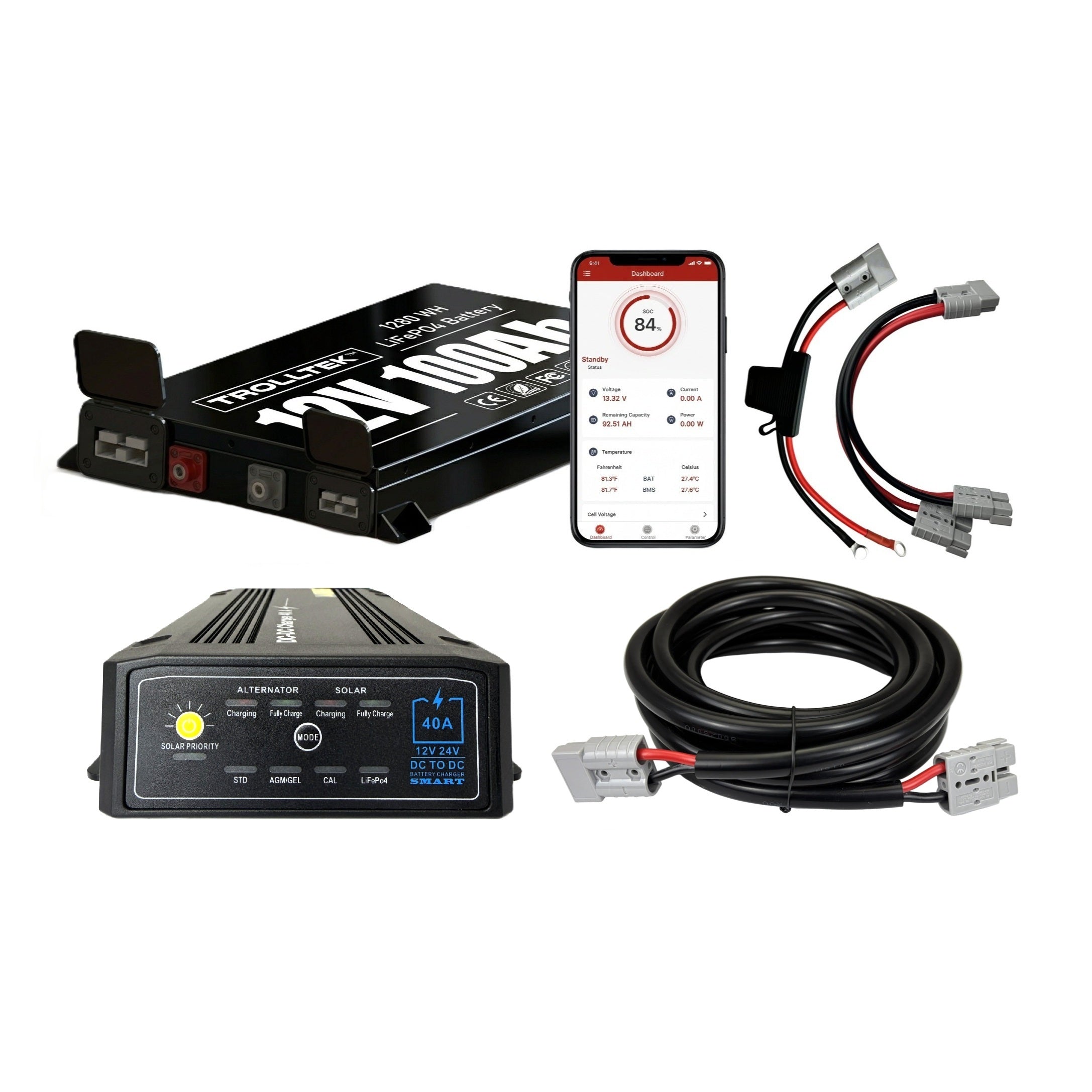 On a white background, the Trolltek™ 12V LiFePO4 Lithium Slimline Battery 4WD Bundle – Charge While Driving (DC) by Trolltek is displayed along with its control module, charging cables, DC/DC charger featuring an MPPT solar regulator, and a smartphone displaying the companion app.