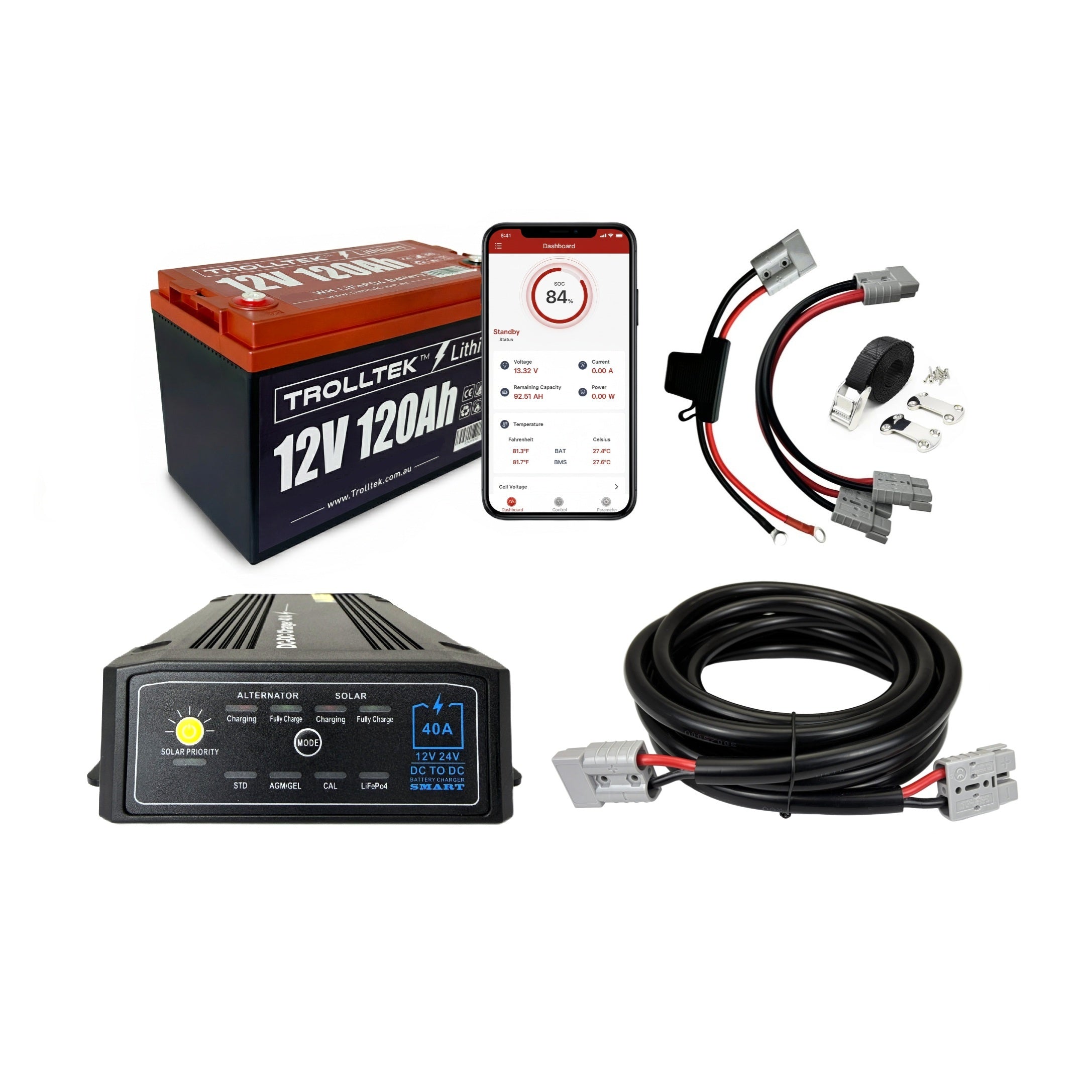 The Trolltek™ 12V LiFePO4 Lithium Battery 4WD Bundle – Charge While Driving (DC) by Trolltek includes a high-performance lithium battery, a smartphone displaying the battery monitoring app, all necessary cables and connectors, a DC/DC charger unit, and a comprehensive wire set—everything you need for versatile 4WD power in one complete package.