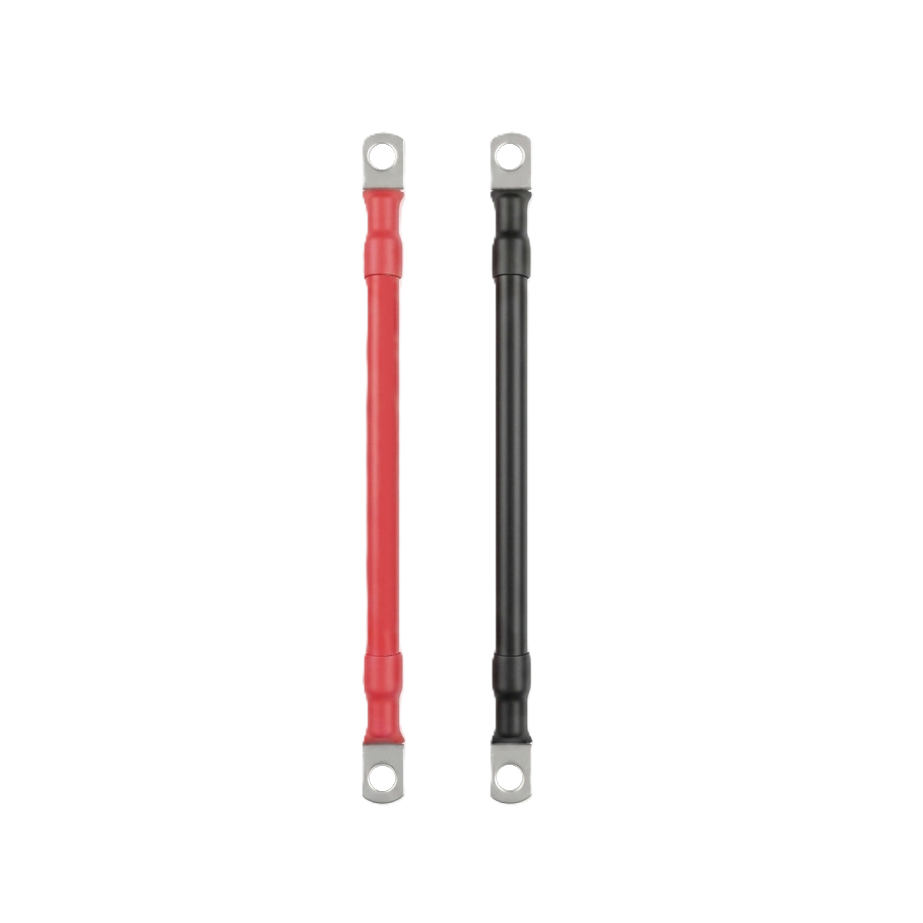 Two Trolltek™ Battery Linking Cables—1/0 AWG (50 mm²) and 300mm long, each fitted with M8 ring terminals—one red and one black, laid parallel on a white background. Ideal for connecting batteries in 12V, 24V, or 36V systems.