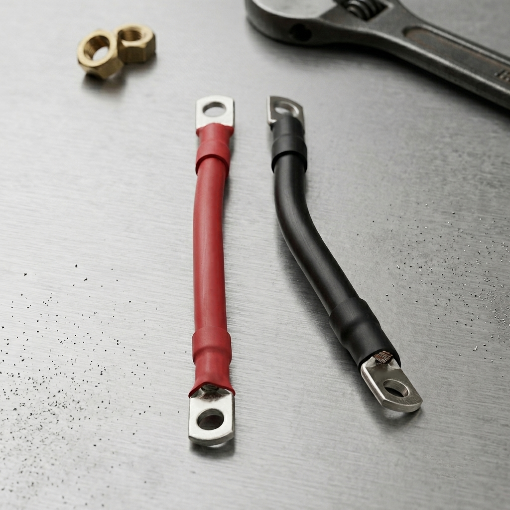 Two Trolltek™ Battery Linking Cables—1/0 AWG (50 mm²), 300mm long with M8 ring terminals, one red and one black—rest on a metal surface. Two brass nuts and a wrench lie nearby. The black cable is slightly bent while the red cable remains straight. These heavy-duty cables by Trolltek are ideal for connecting 12V, 24V, or 36V battery systems as reliable linking cables.