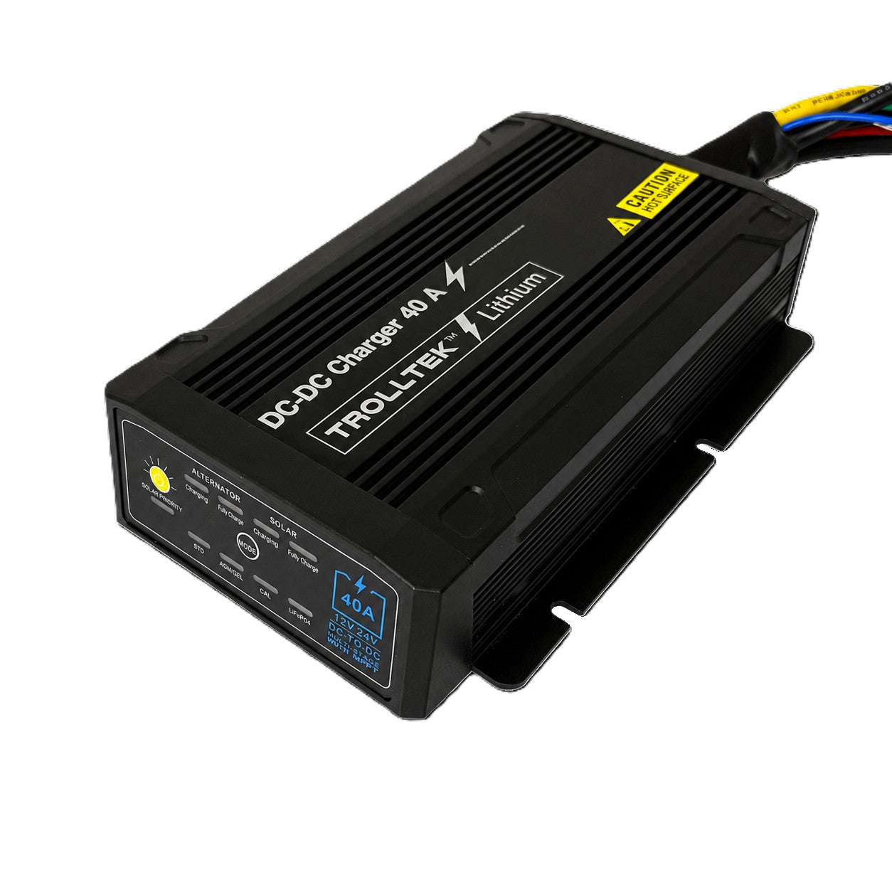 The Trolltek™ 40Amp DC/DC Charger with MPPT Solar Input by Trolltek is a black lithium battery charger featuring a durable, ribbed casing with safety warning labels, multiple indicator lights, and attached cables. Designed for charging lithium batteries, it is also ideal as a marine battery charger for boats and use in demanding environments, delivering reliable power.