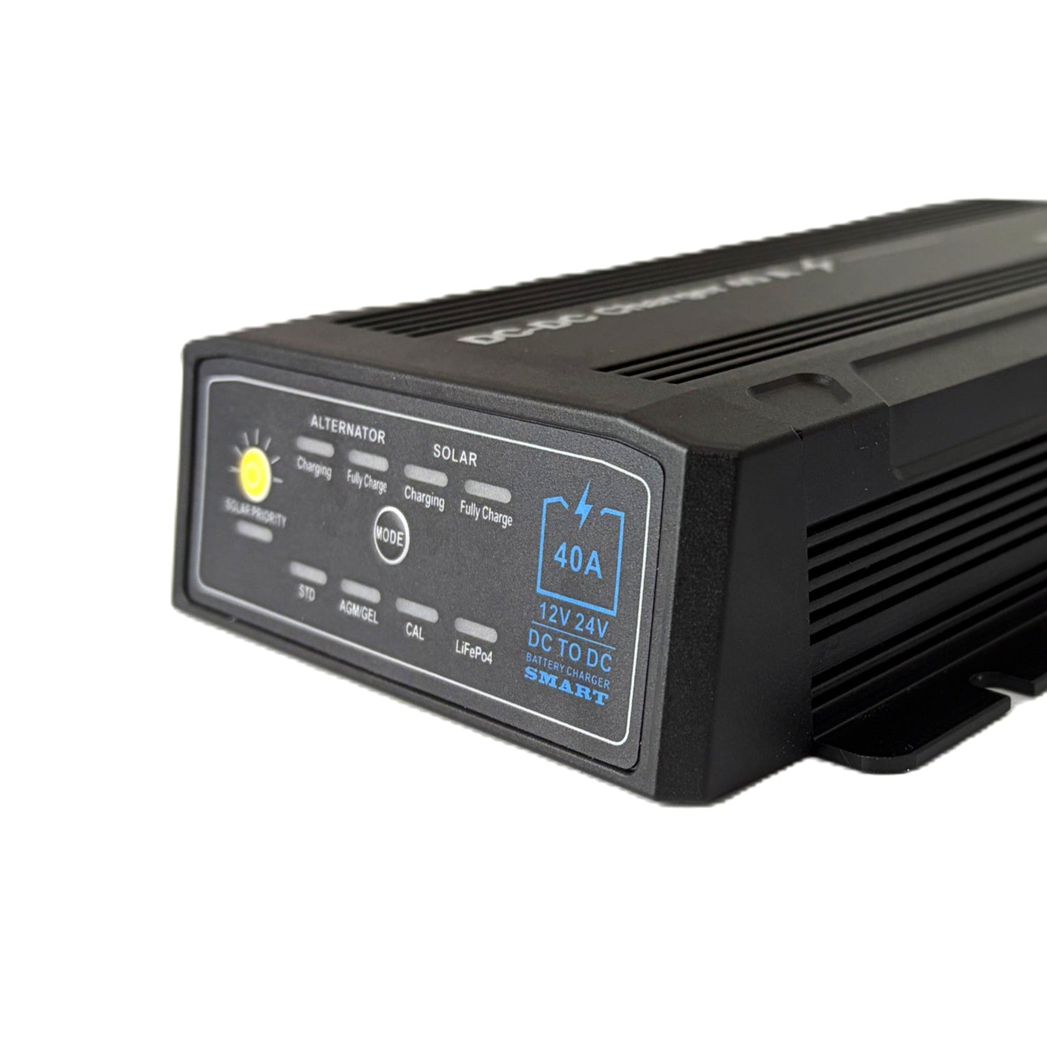 The Trolltek™ 40Amp DC/DC Charger with MPPT Solar Input by Trolltek features a black design with clearly labeled indicator lights and buttons on the front panel, including alternator and solar charging status indicators, as well as a prominent blue “40A 12V 24V DC TO DC SMART” label on the right. This versatile unit also serves as a marine battery charger and is equipped with an advanced MPPT Solar Regulator for efficient solar charging performance.