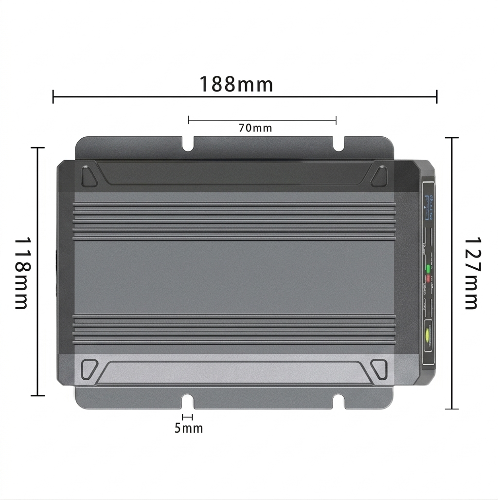 The Trolltek™ 40Amp DC/DC Charger with MPPT Solar Input by Trolltek is a rectangular electronic device featuring visible side panel ports and indicator lights. Its dimensions are clearly labeled: 188mm wide, 127mm tall, with an inner height of 118mm, inner width of 70mm, and includes 5mm mounting holes. This unit is ideal for marine battery charging or as an integrated DC to DC lithium battery charger in off-grid applications.