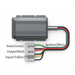 The Trolltek™ 40Amp DC/DC Charger with MPPT Solar Input by Trolltek is a rectangular device equipped with four labeled wires—green for solar, red for output, yellow for input, and blue for ignition—connected to a gray terminal block. It features a built-in MPPT solar regulator to ensure efficient power conversion.