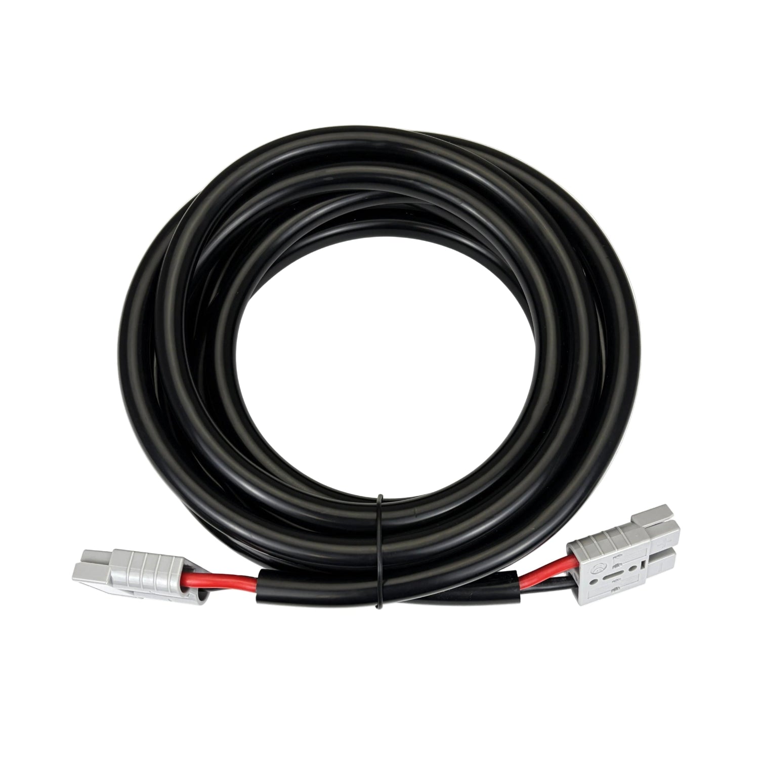 A coiled black power cable with exposed red and black wires ending in gray connector plugs—perfect for integrating with the Trolltek™ 12V LiFePO4 Lithium Battery 4WD Bundle – Charge While Driving (DC) or connecting to your DC/DC charger as part of your battery setup from Trolltek.