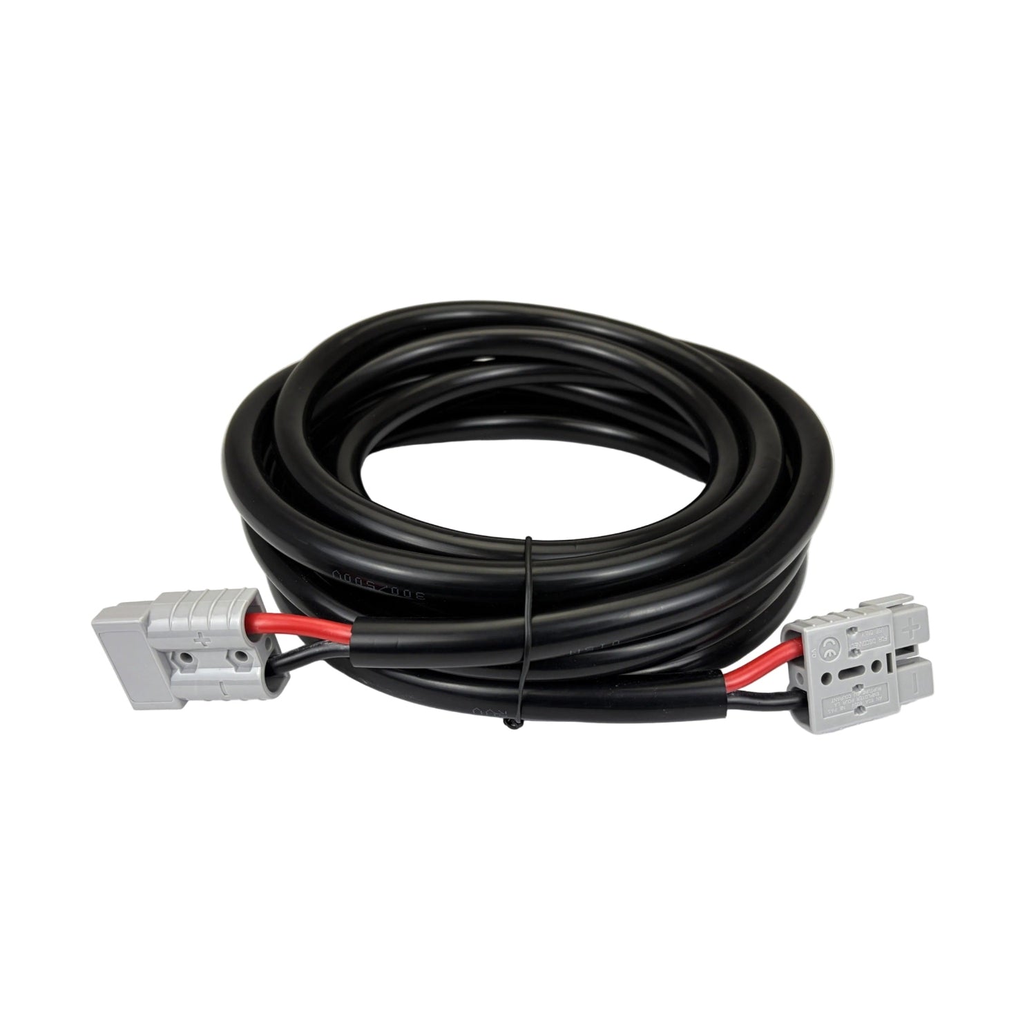 Introducing the Trolltek™ Extension Cable - 8AWG x 5m with 50A Anderson Plugs by Trolltek: This heavy-duty, coiled black extension cable features gray rectangular Anderson connectors on both ends with visible red and black wires near the plugs. Designed for secure power transmission, it’s ideal for dual battery systems thanks to its reliable Anderson battery connector cables.
