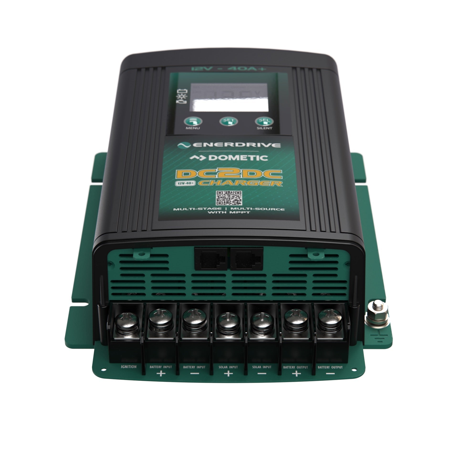 A black and green Enerdrive DC2DC 40+amp 12V Battery Charger with MPPT Reg, featuring multiple labeled terminals and ports, by FREE SHIPPING, shown on a white background.