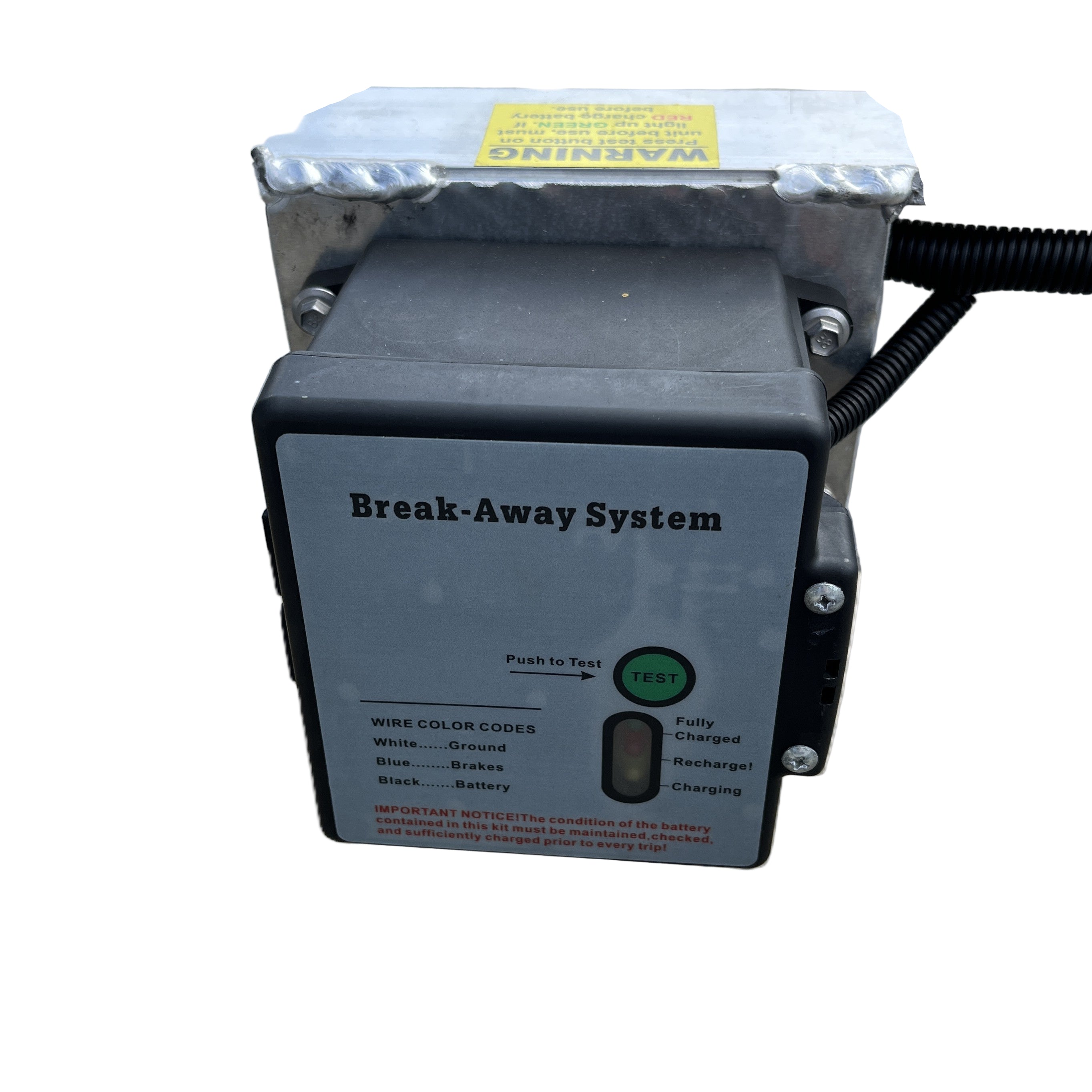 The Paddock Mini Loader & Excavator Alloy Equipment Trailer features a break-away control box with test button, battery status lights, a labeled wire color code guide, and right-side wired connections. Brand: Paddock.