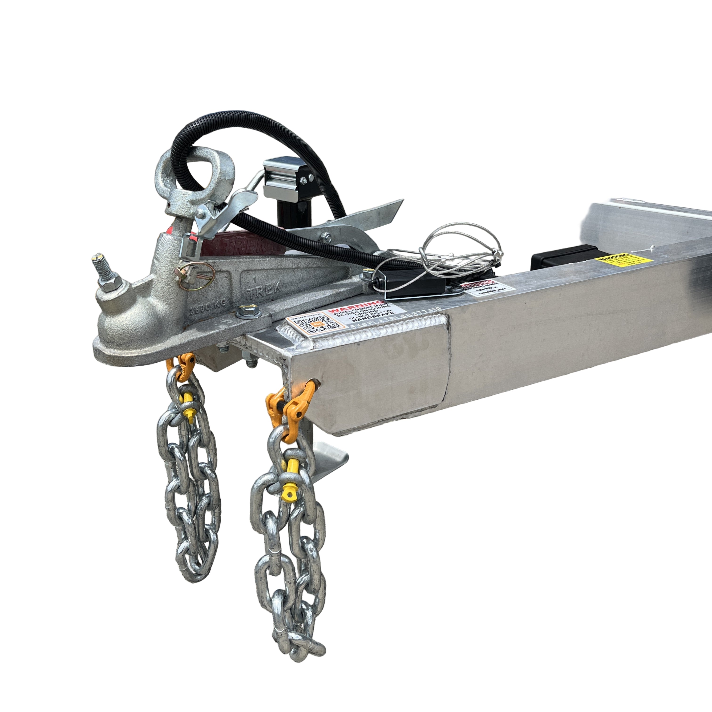 Close-up of a metal trailer hitch with safety chains, locking mechanism, and breakaway cable on a Paddock Mini Loader & Excavator Alloy Equipment Trailer—by Paddock—ideal for heavy-duty machinery; shown on a white background.