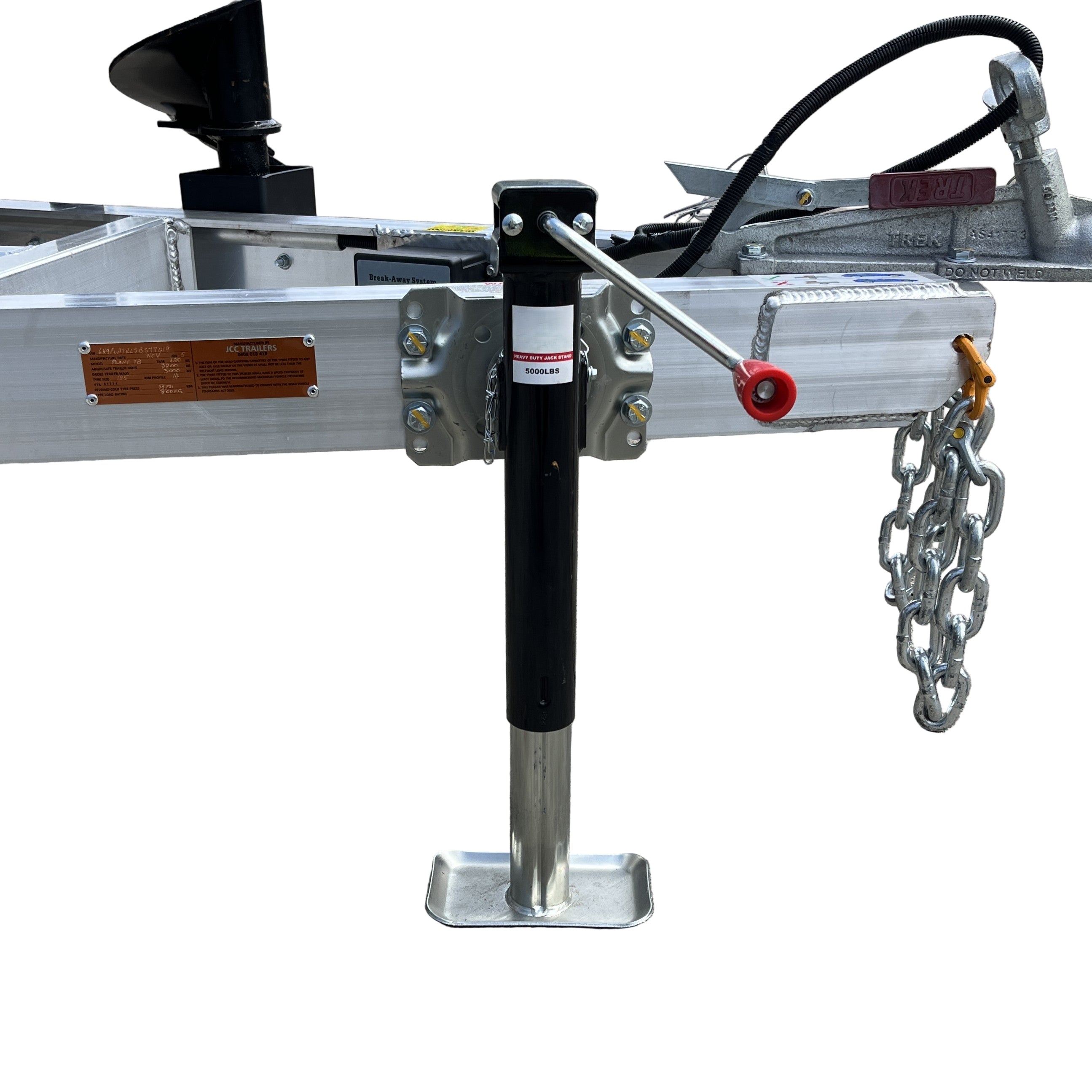 Close-up of a Paddock Mini Loader & Excavator Alloy Equipment Trailer tongue by Paddock, showing black and silver jack stand, red-handled crank, metal frame, safety chains, and hitch coupler on white background.