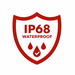 A red shield with “IP68 WATERPROOF” text and three water droplets—one featuring a checkmark—signifies superior moisture protection, making it ideal for safeguarding your Trolltek™ 12V LiFePO4 Lithium Battery 4WD Bundle – Charge While Driving (DC) from water exposure.