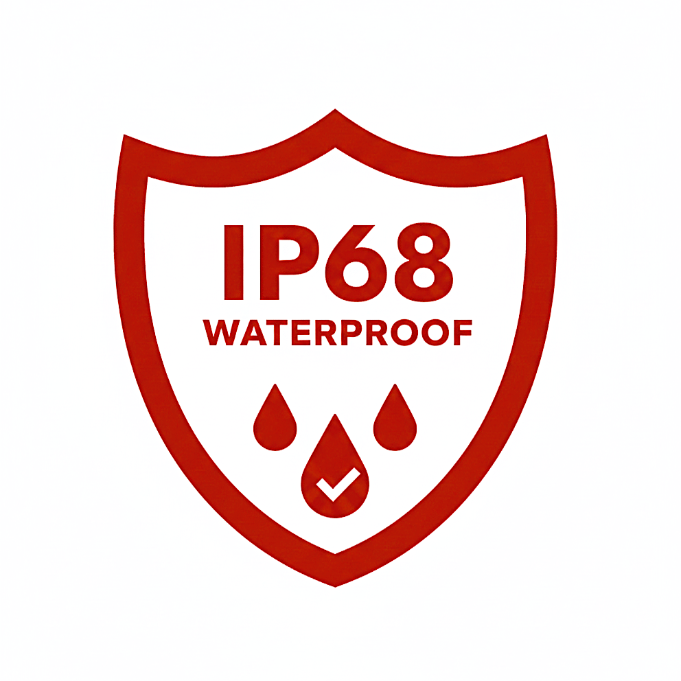 A red shield with “IP68 WATERPROOF” text and three water droplets—one featuring a checkmark—signifies superior moisture protection, making it ideal for safeguarding your Trolltek™ 12V LiFePO4 Lithium Battery 4WD Bundle – Charge While Driving (DC) from water exposure.