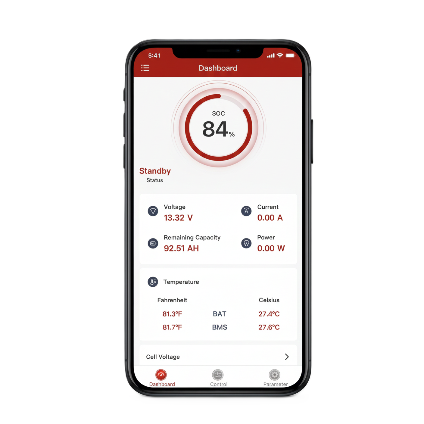 Using the provided product data, here is the rewritten sentence: A smartphone displays the Trolltek™ 12V LiFePO4 Super Slimline Lithium Battery's status via the Trolltek Bluetooth app, showing 84% charge, standby mode, a voltage of 13.32V, capacity at 92.51Ah, zero current draw, and temperature readings in both Fahrenheit and Celsius.