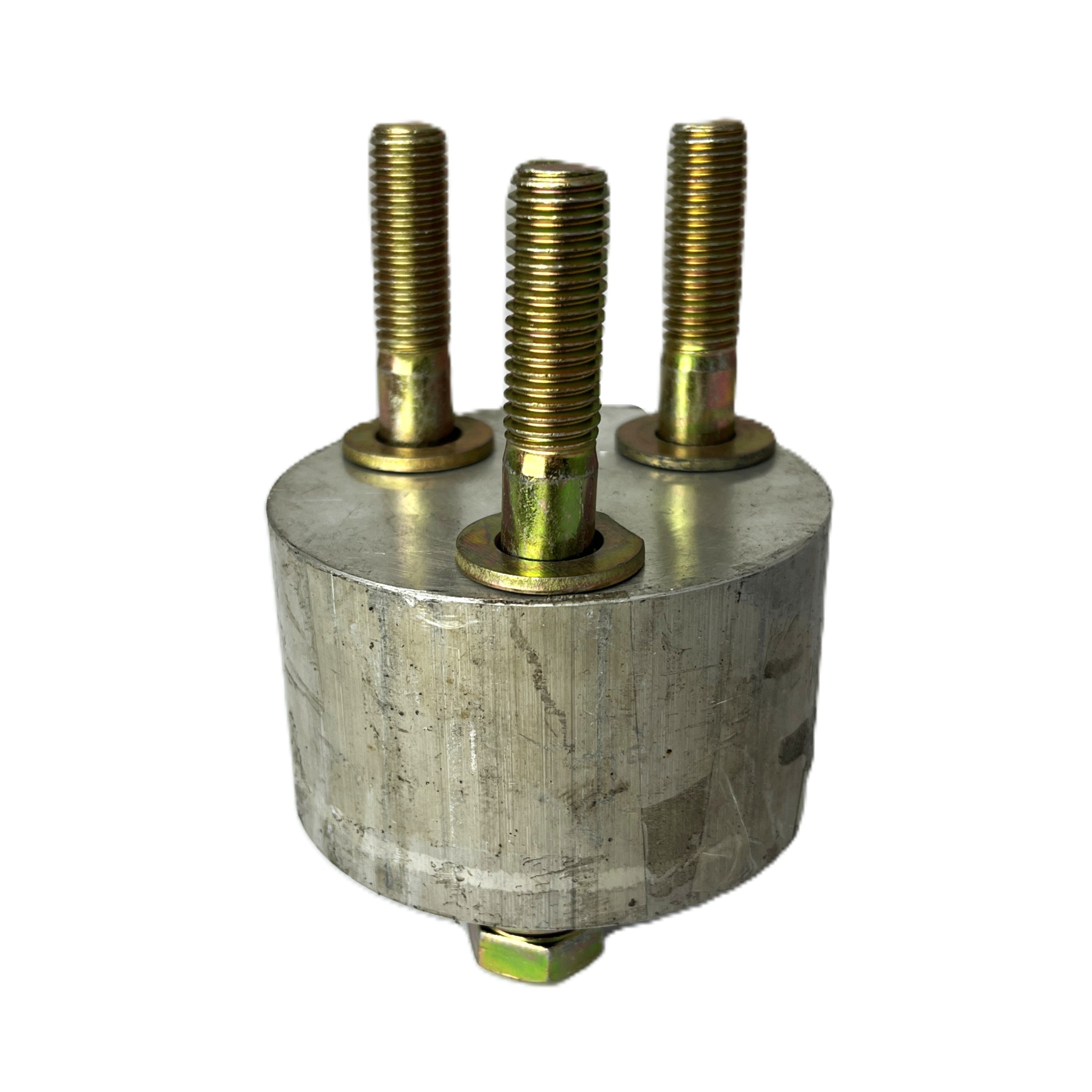 A Scintex Turf Cutter Blade Spacer & Bolts (for larger blades, excl. 300mm)—a cylindrical metal spacer with three top and one bottom threaded bolts, shown on a white background. For turf cutter blade replacement.