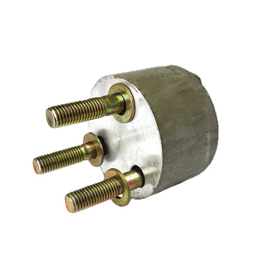 The Scintex Turf Cutter Blade Spacer & Bolts is a cylindrical metal spacer bolt used when changing to larger blades (excluding 300mm); it has three threaded bolts with washers on one end and a smooth, solid opposite end.
