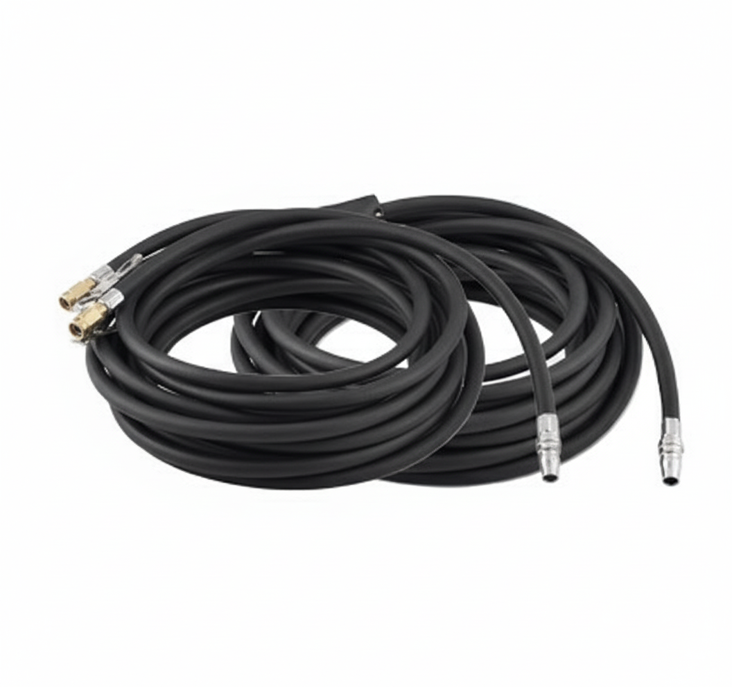 Two coiled black rubber hoses with metal connectors on each end, designed for use with the Sherpa 4x4 ‘BIG V4’ Quad-Air Upgrade Kit – 4-Tyre Inflation System by Sherpa 4x4, are displayed on a white background.