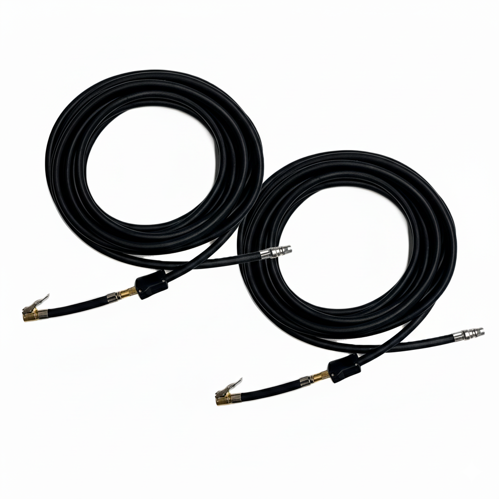 Two black coiled hoses with metal connectors and clamps, shown side by side—perfect accessories for the Sherpa 4x4 'BIG V4' Air Compressor (400 L/min) with Pre-set Pressure Control System, ideal for off-road tyre inflation or portable setups.