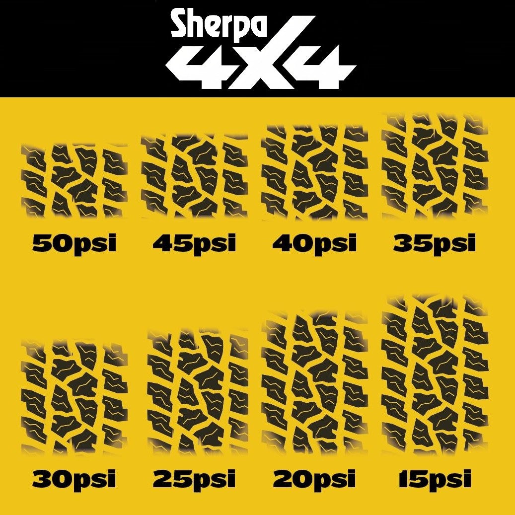 Diagram showing tire tread prints at pressures from 50psi to 15psi, with contact area increasing as pressure drops. Sherpa 4x4 Tyre Deflators - 4pk enable fast deflation for tough terrain. Brand: Sherpa 4x4.