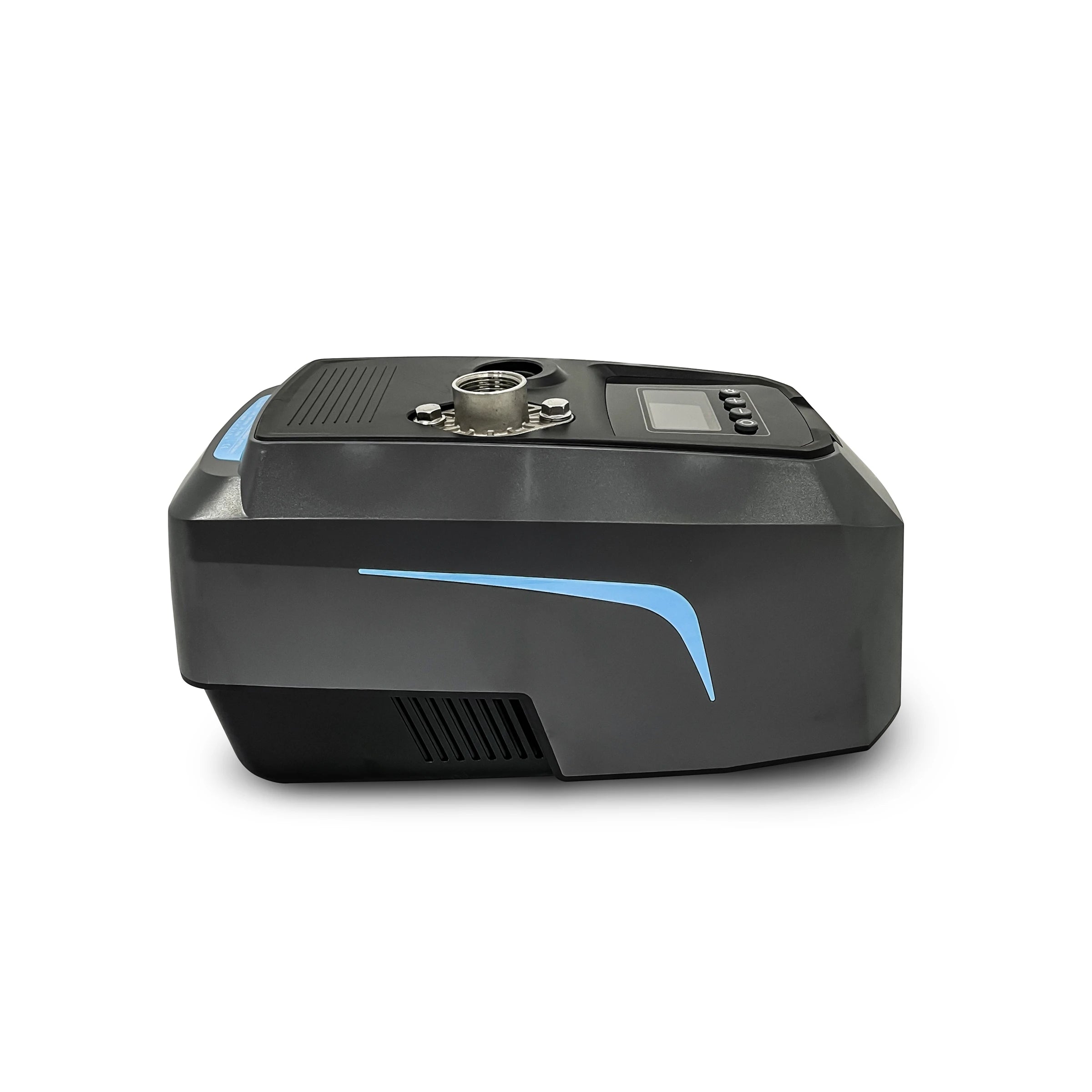 The Scintex Paddock Domestic Water Pump w/VFD 900W is a black and gray electronic device with a display screen, buttons, metallic connector on top, and a curved blue accent on the side, shown against a white background.
