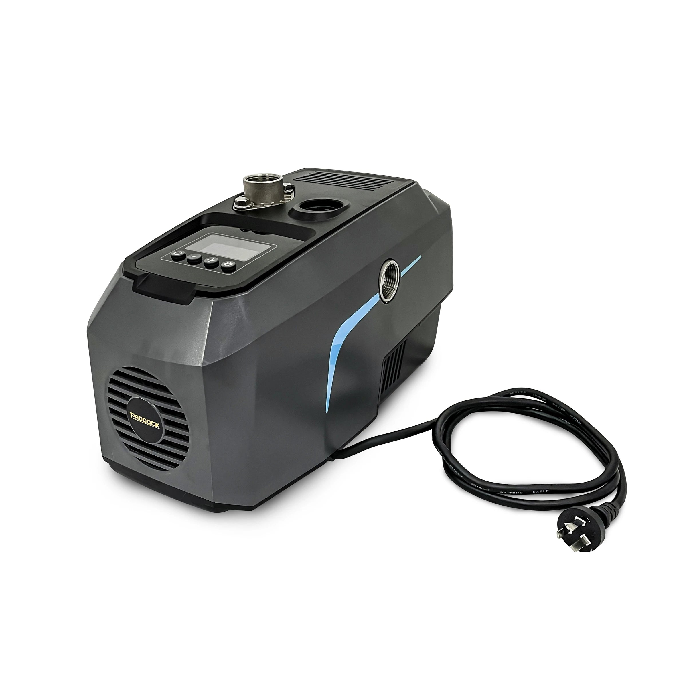 The Scintex Paddock Domestic Water Pump w/VFD 900W is a black, rectangular electric device with a digital display, multiple buttons, a circular top connector, and an attached power cord, shown against a white background.