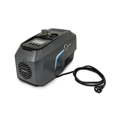 The Scintex Paddock Domestic Water Pump w/VFD 900W is a black, rectangular electric device with a digital display, multiple buttons, a circular top connector, and an attached power cord, shown against a white background.