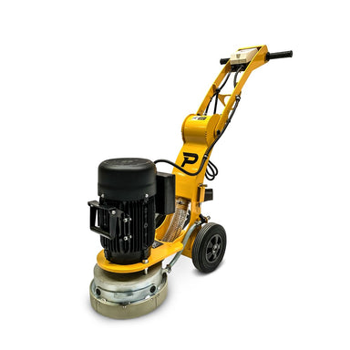 The Paddock™ Concrete Floor Grinder from Paddock features a yellow industrial design with a black motor and handle, mounted on two wheels for easy mobility. Designed for efficient polishing and grinding of concrete surfaces, this grinder can be used in combination with the included vacuum and dust separator to provide effective dust control during operation.