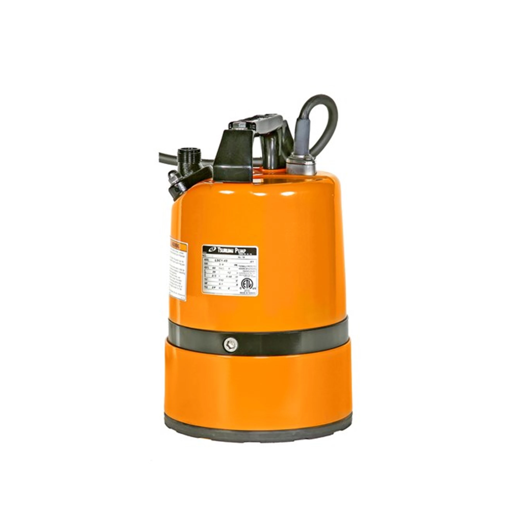 A Paddock Puddle Sucker Pump stands upright on a white background, featuring an orange body with black base and top, visible label, ports, and power cord.